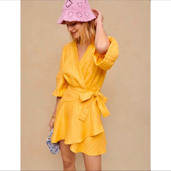 Maje Yellow Linen Blend Puff Sleeve Wrap Mini Dress Size EU36 XSmall（Size1） - Picture 2 of 8